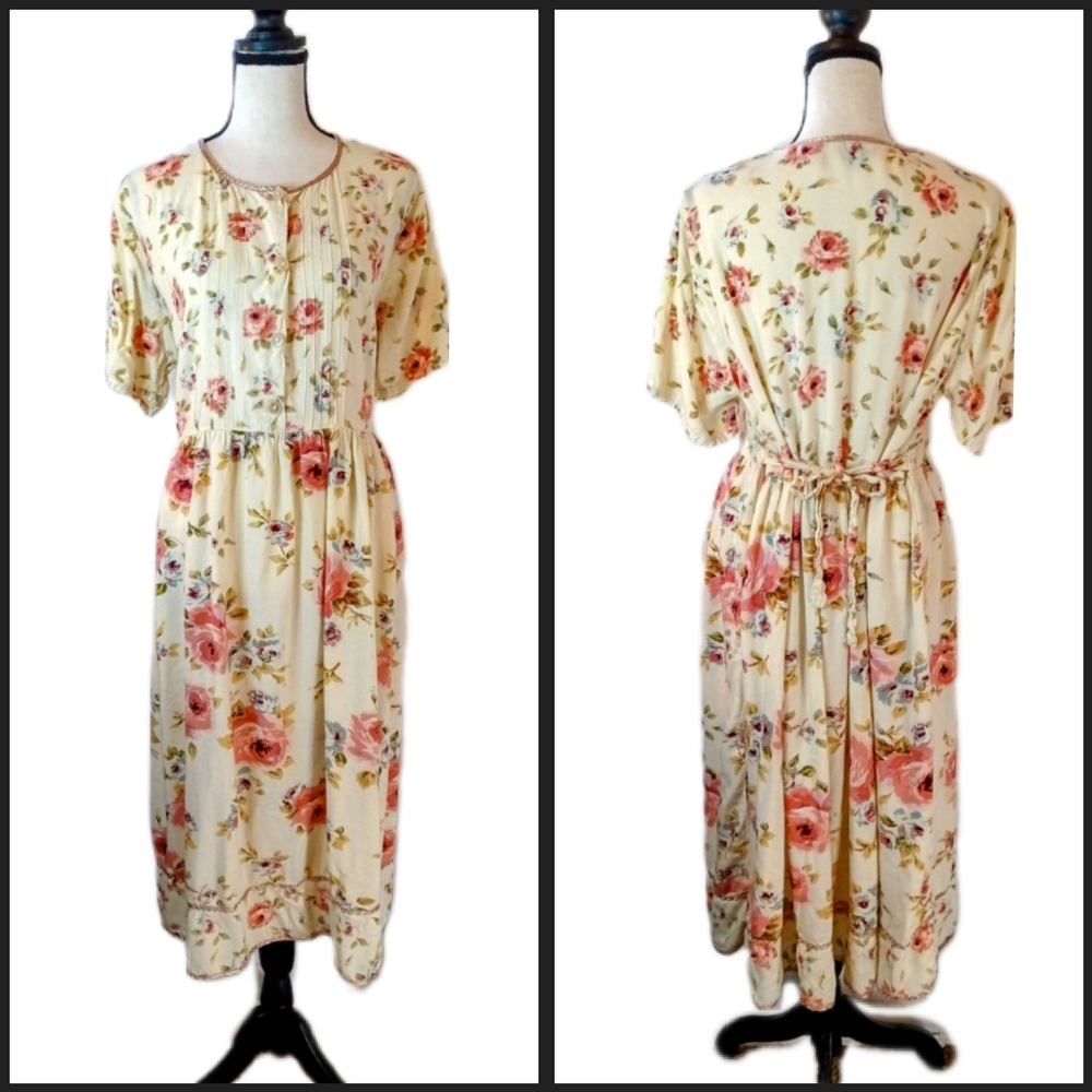 Vintage 90s  Just Class Romantic Floral Yellow Pintuck Tie Waist Dress Size M